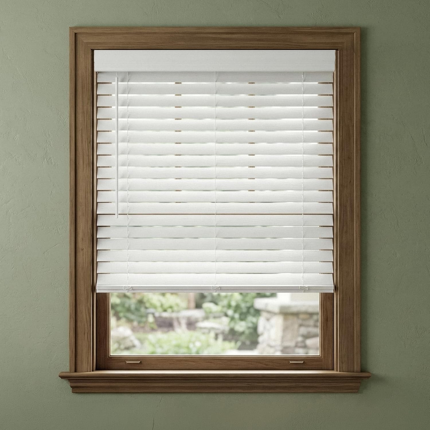 2″ Cordless Faux Wood Blind – 35″ W x 72″ L – White Thick Wood Textured Slats