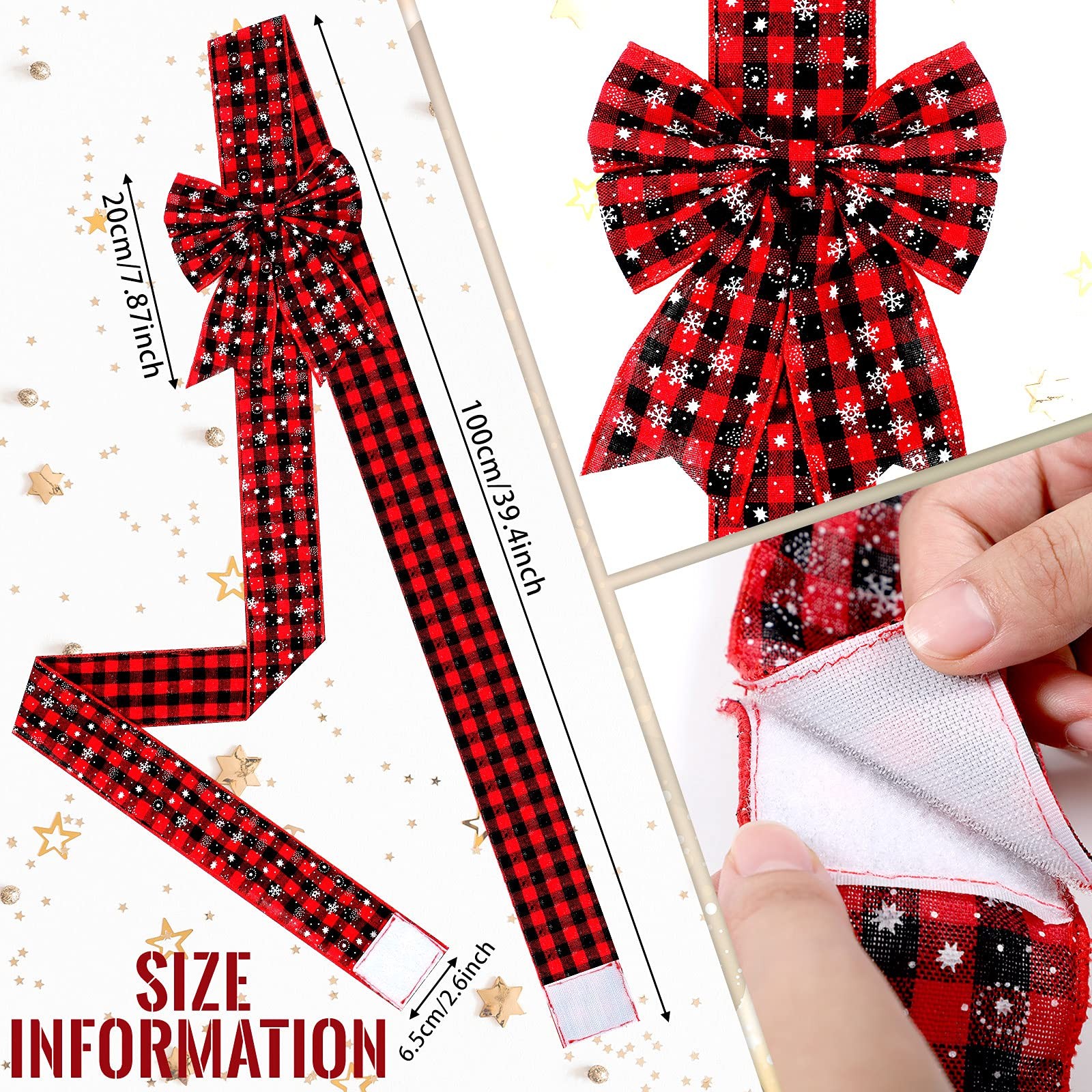 6 PCS Red Black Buffalo Plaid Christmas Cabinet Ribbon Bows 78.8×2.6 Inch