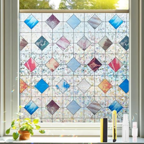 Window Privacy Film with Tools, Rainbow Stained Glass 17.5 x 78.7 Inch Diamond