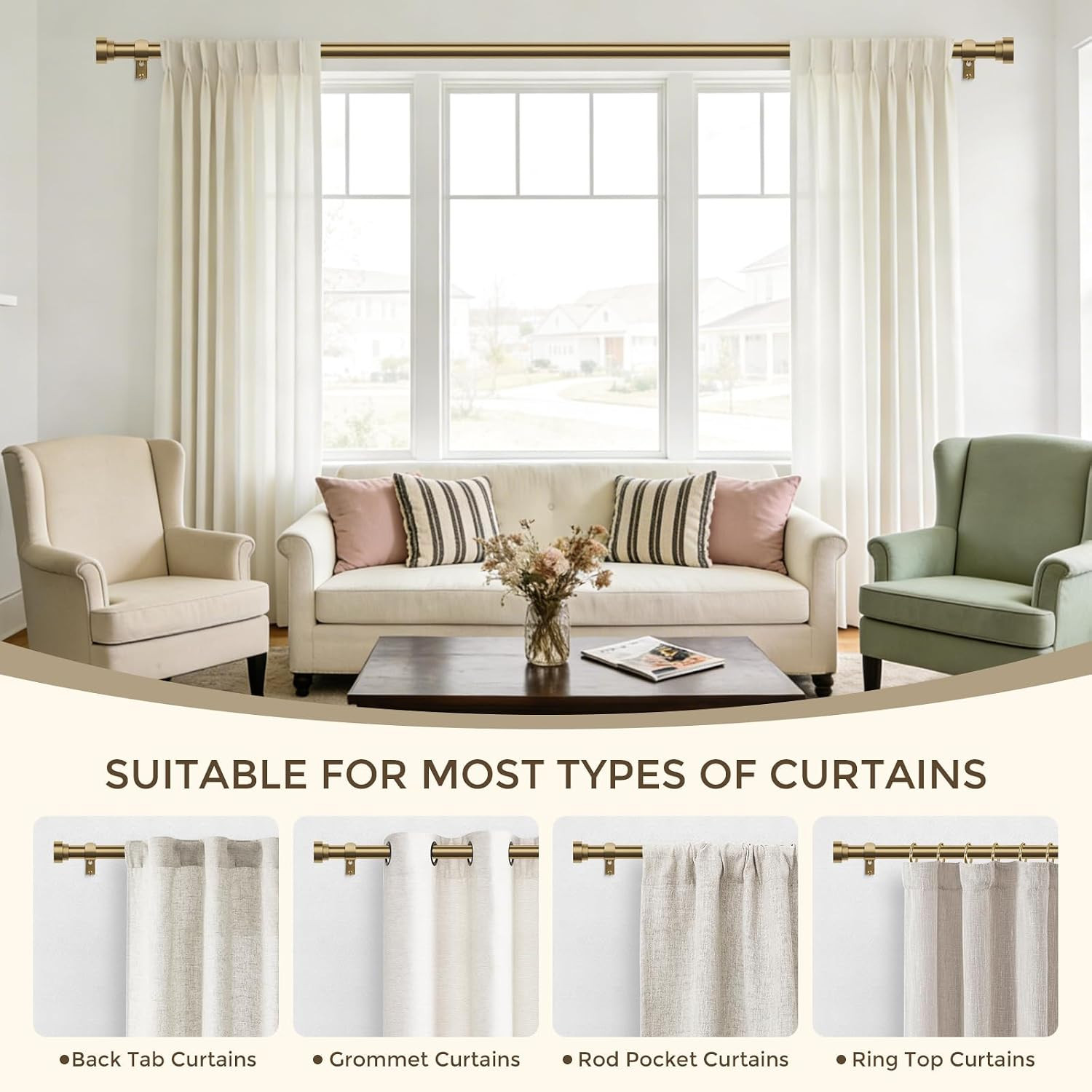 Hei!Dear Brass Gold Curtain Rods 36 to 88 Inch, Brushed Warm Gold 1″ Adjustable