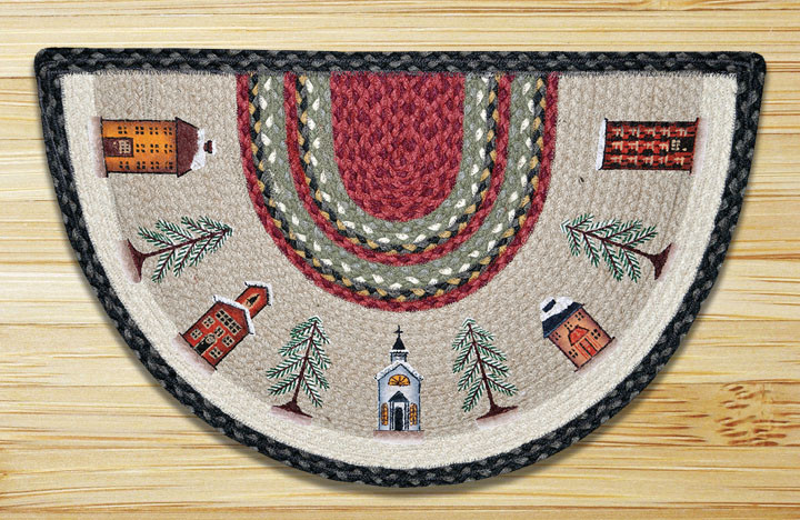 Braided Printed Stenciled Jute Slice Half Moon Area Rug. WINTER VILLAGE