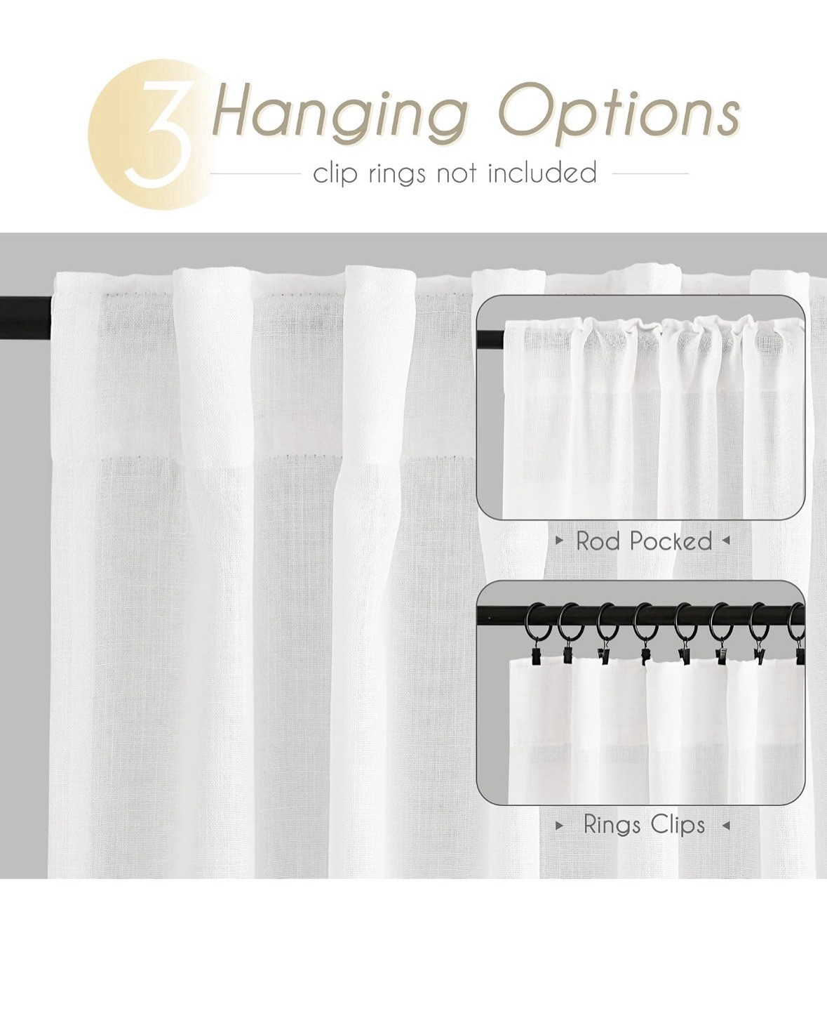 2 Panels White Curtains 92″ x52″ Back Tab Light Filtering Cotton Textu…
