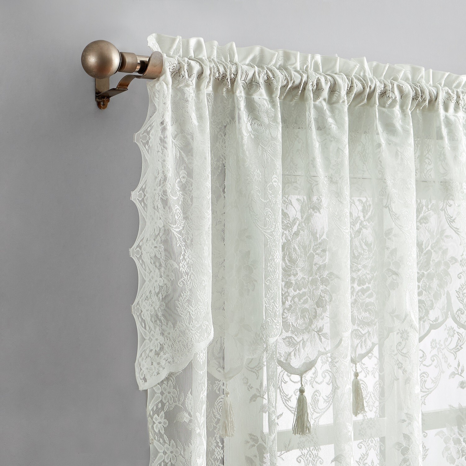 WARM HOME DESIGNS Pair of 2 Sheer Lace Curtains with Attached Valances & Tassels