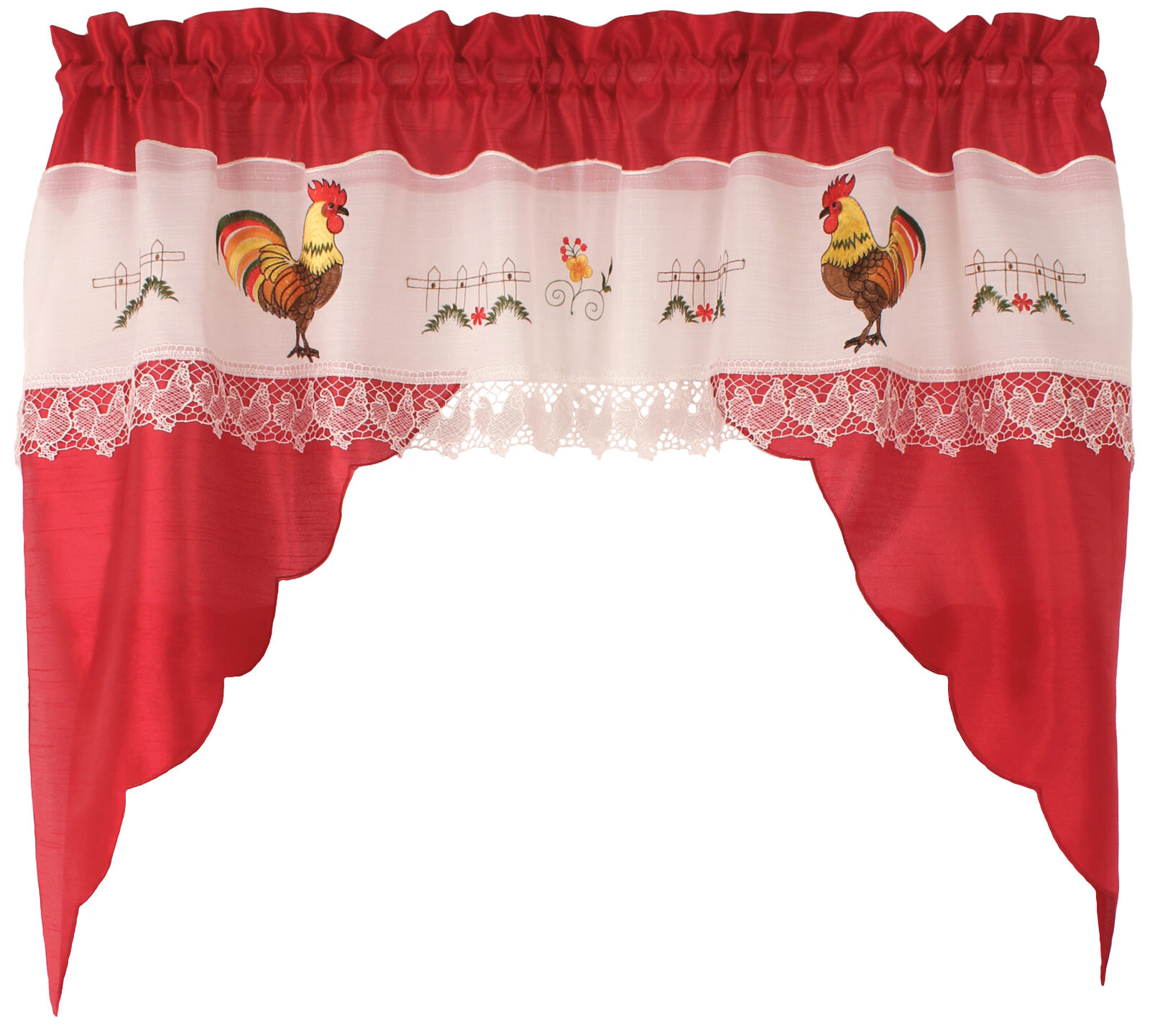 Rooster Macrame Embroidery Design Kitchen Curtain with Swag and Tier Set 36 inch