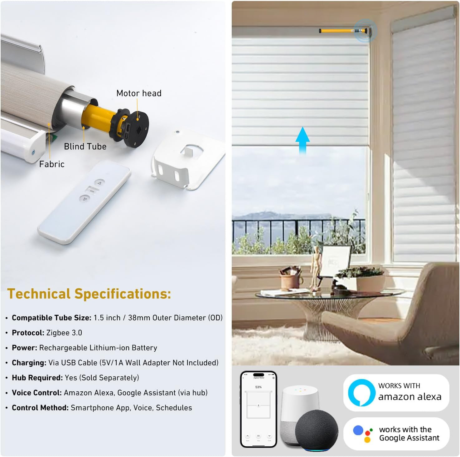 Rechargeable Zigbee Blinds Motor – Wireless Control with Alexa & Google Home