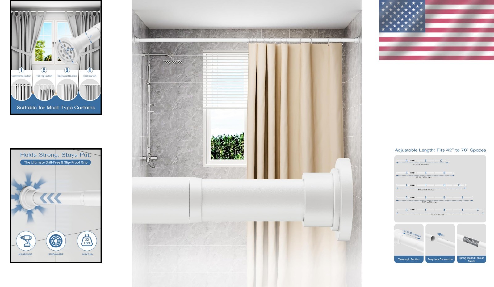 Durable No-Drill Shower & Curtain Rod, 42-78 Inches, Rust-Resistant White Design
