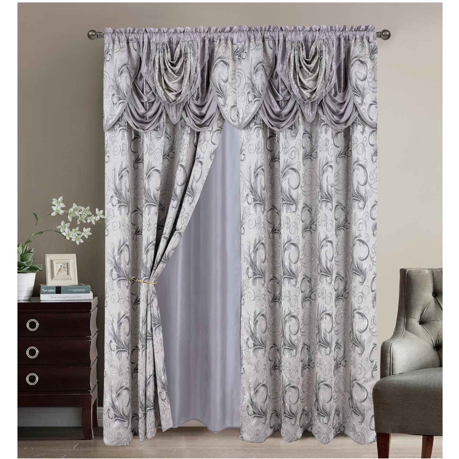 Stylish 2 Panel Curtain Set with Valance – Silver Gray