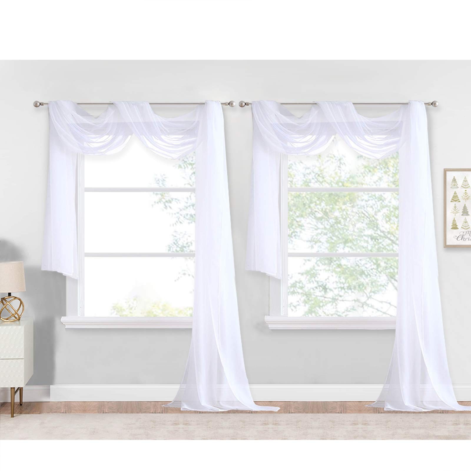 White Sheer Window Scarf 216 inch Extra Long 2 Panels, Soft Voile Textured Be…