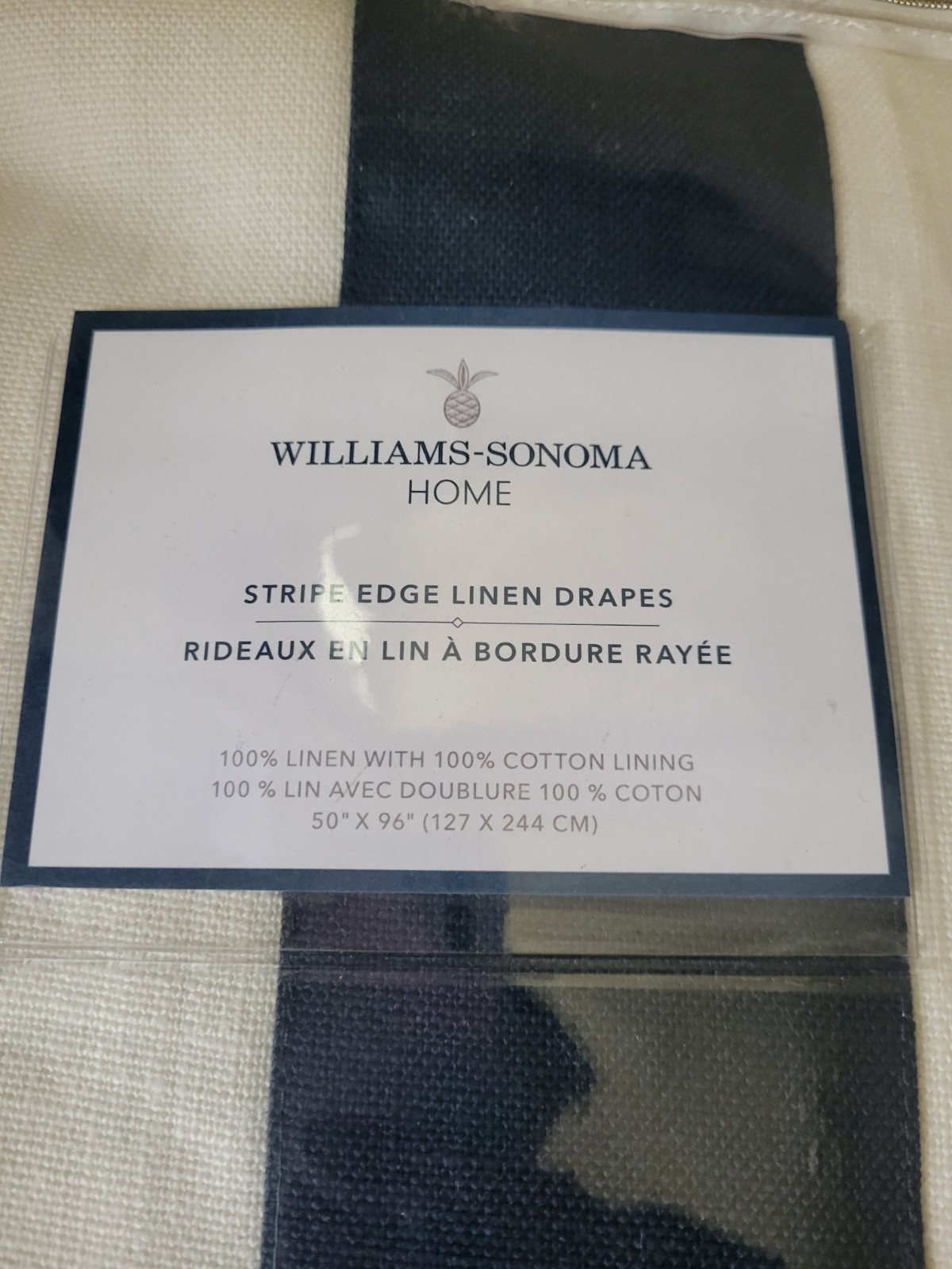 new Williams Sonoma Linen drapes window panels 96″ white w/ blue edge – set of 2