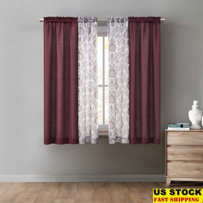 4-Piece Curtain Set Light Filtering Rod Pocket Textured Solid Sheer Panels New