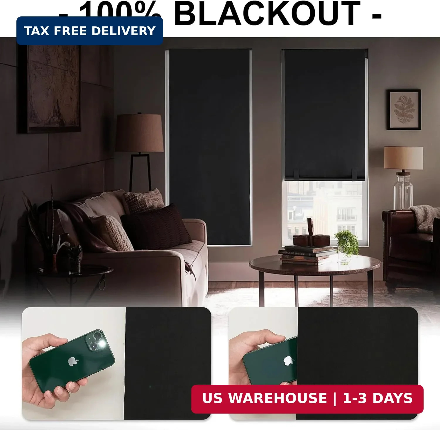 RYB HOME 100% Blackout Blinds for Windows, No Drill Roller Shades, Stick On Wind