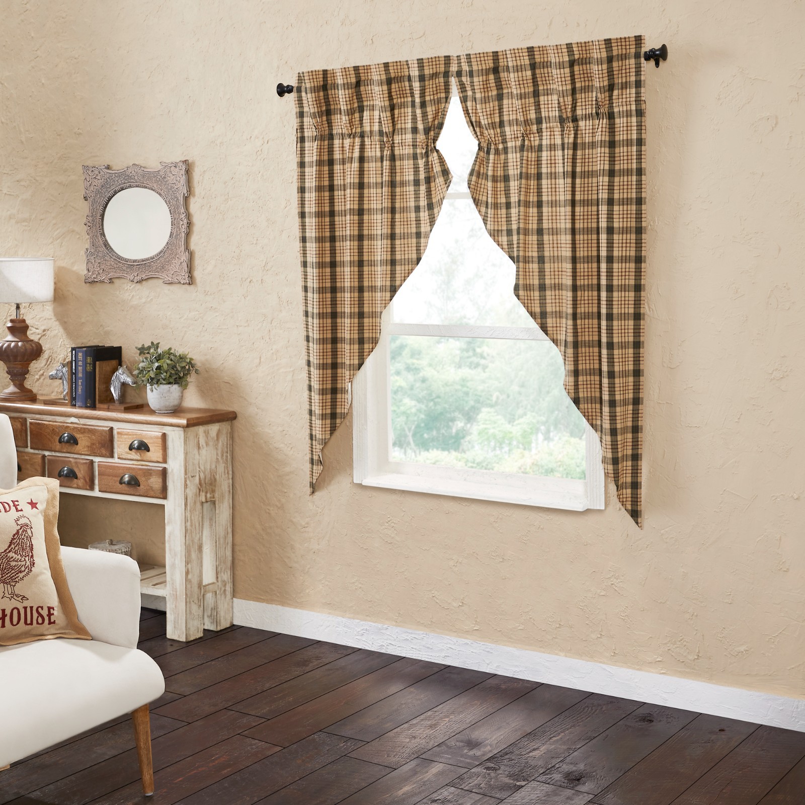 Cider Mill Green Tan Brown Plaid Scalloped Lined Country Prairie Curtains