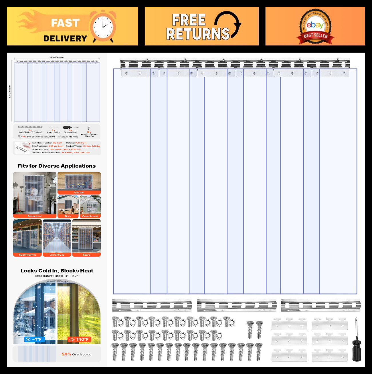 Clear PVC Strip Curtain – 80″ x 36″ x 0.08″ – 6 PCS Waterproof Door Strips for F