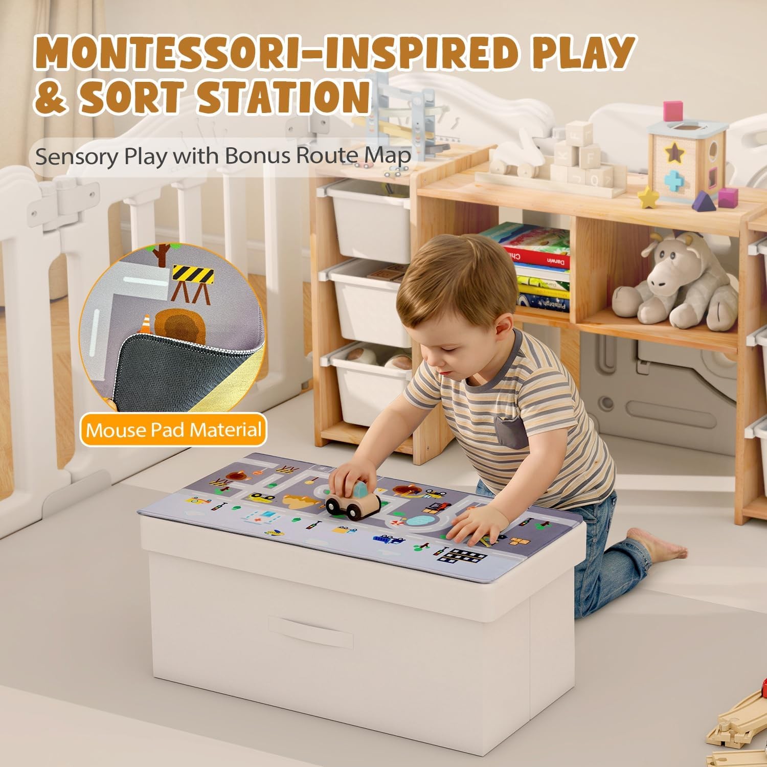 Montessori Shelf for Kids – 100% Solid Pine Wood with 6 Removable Plastic Bins,