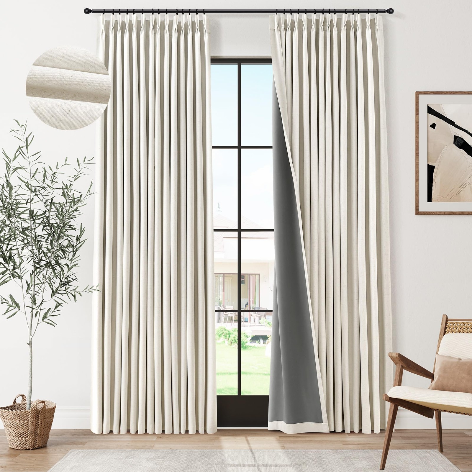 100% Blackout Linen Pinch Pleated Curtains for Bedroom Ceiling to Floor 96 In…