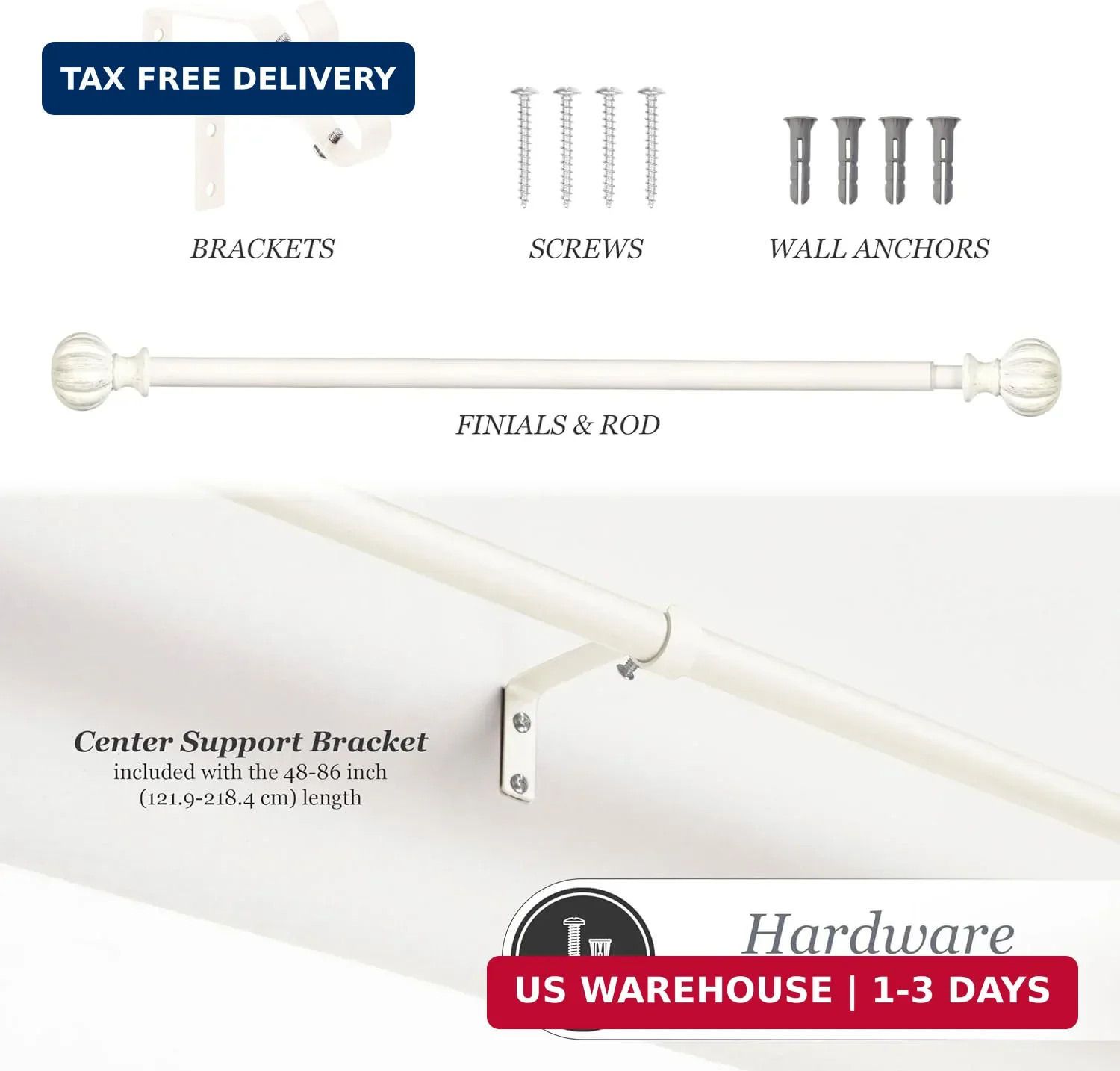 Kenney Rachel Fluted Ball Window Curtain Rod, Adjustable 28-48 Inch, Antique Whi