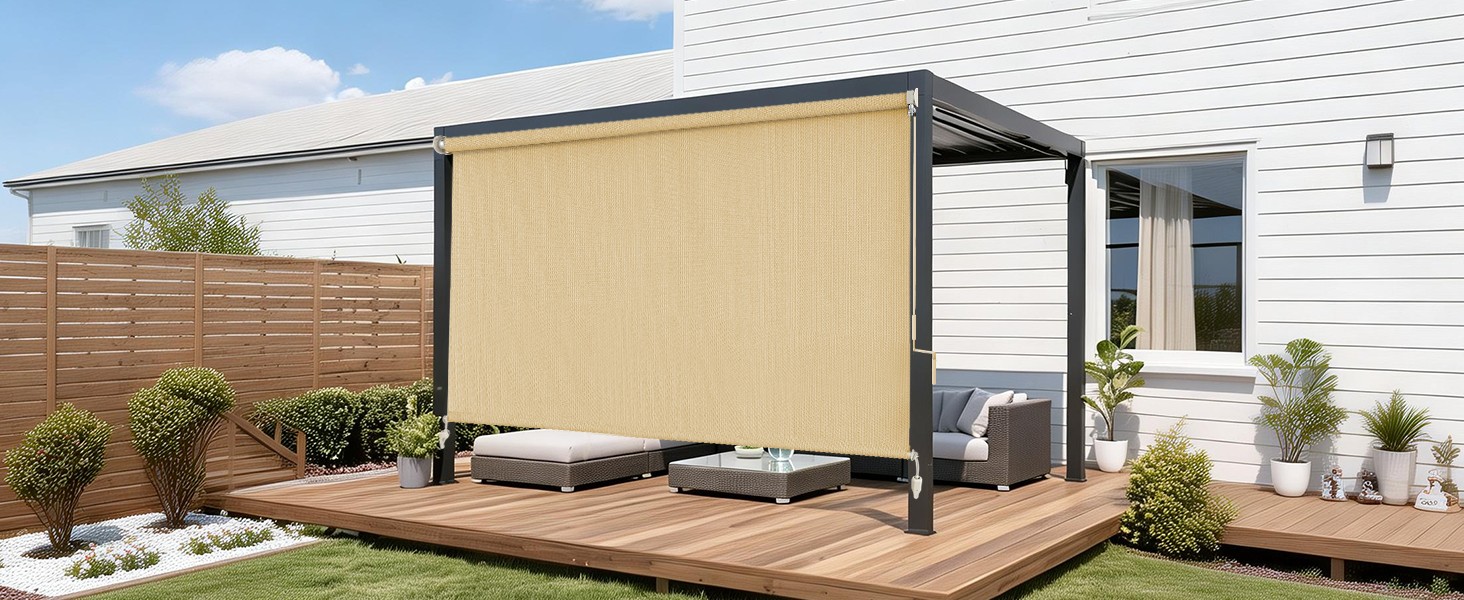 Outdoor Roller Shades for Porch , Cordless Patio Roll Up Blinds with Spliced