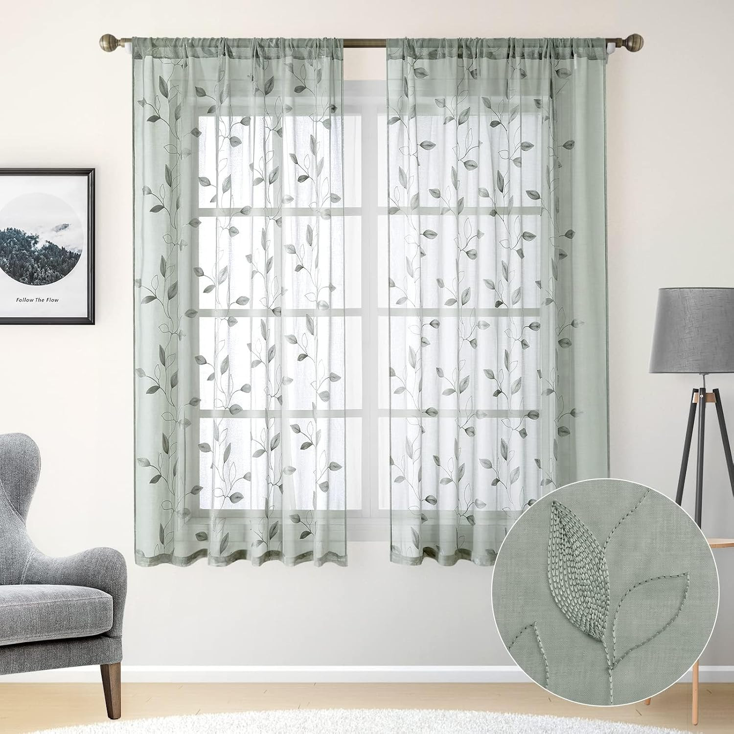 Sage Green Sheer Curtains 52 X 63 Inches Length 2 Panels Embroidered Leaf Patter