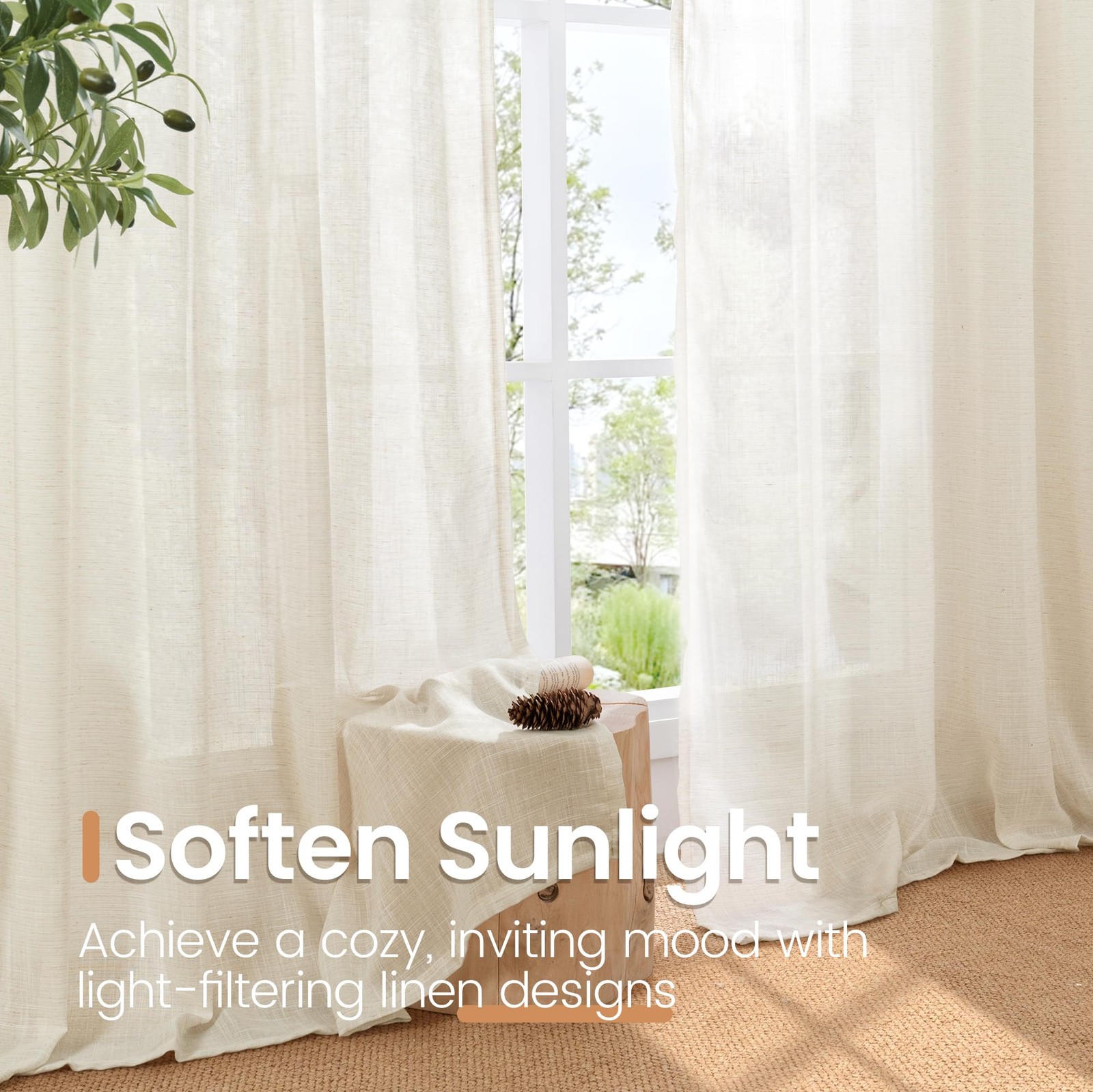 Linen Curtains 36 Inch Length for Kitchen 30″W x 36″L (Pack of 2) Light Beige