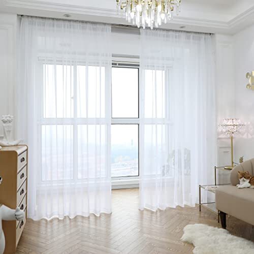 Window Sheer Curtains 84 Inches Long 2 Panels Sheer 52″W x 84″L | 2 pcs White