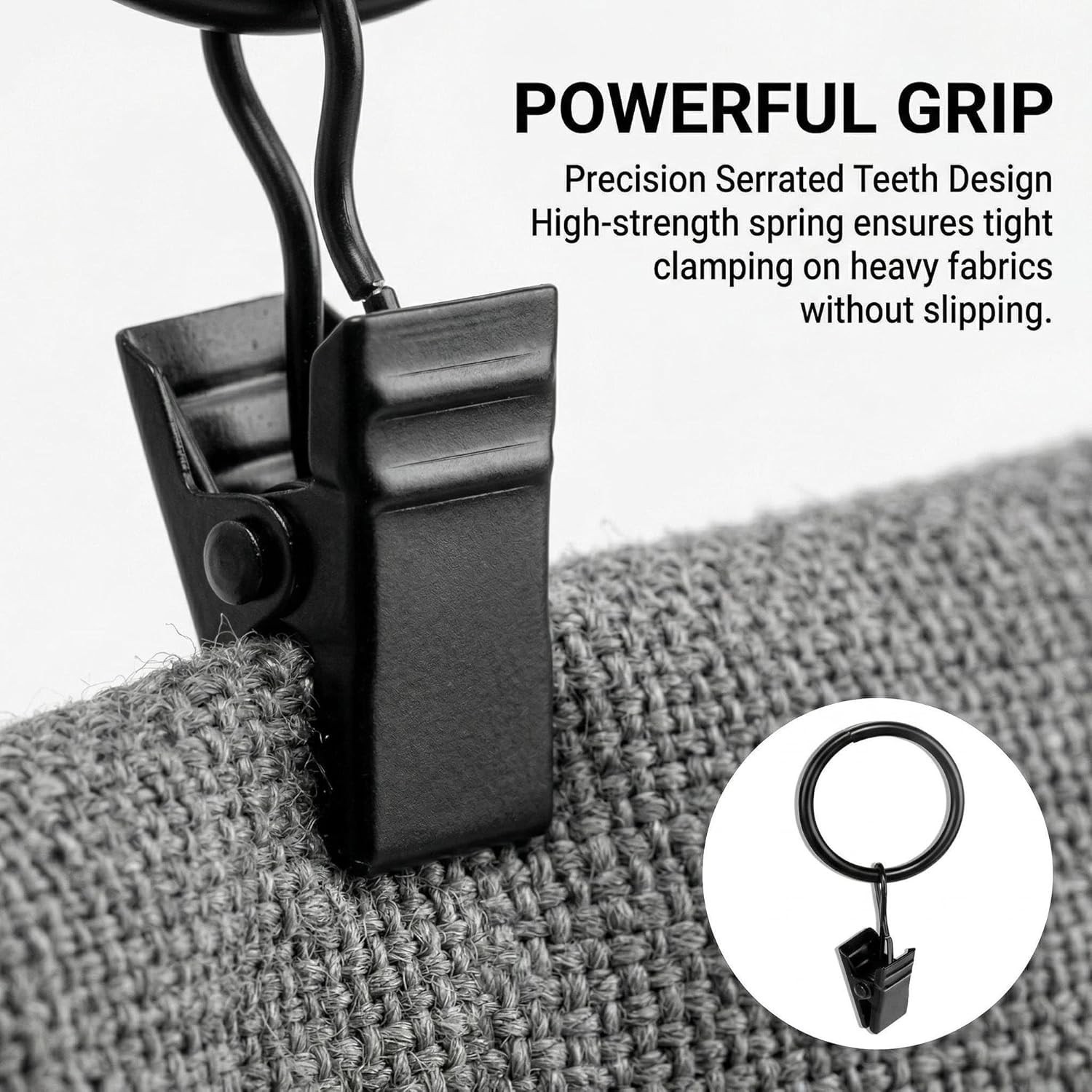 50PCS Curtain Rings with Clips – Curtain Clips Black Drapery Rings with Fastener