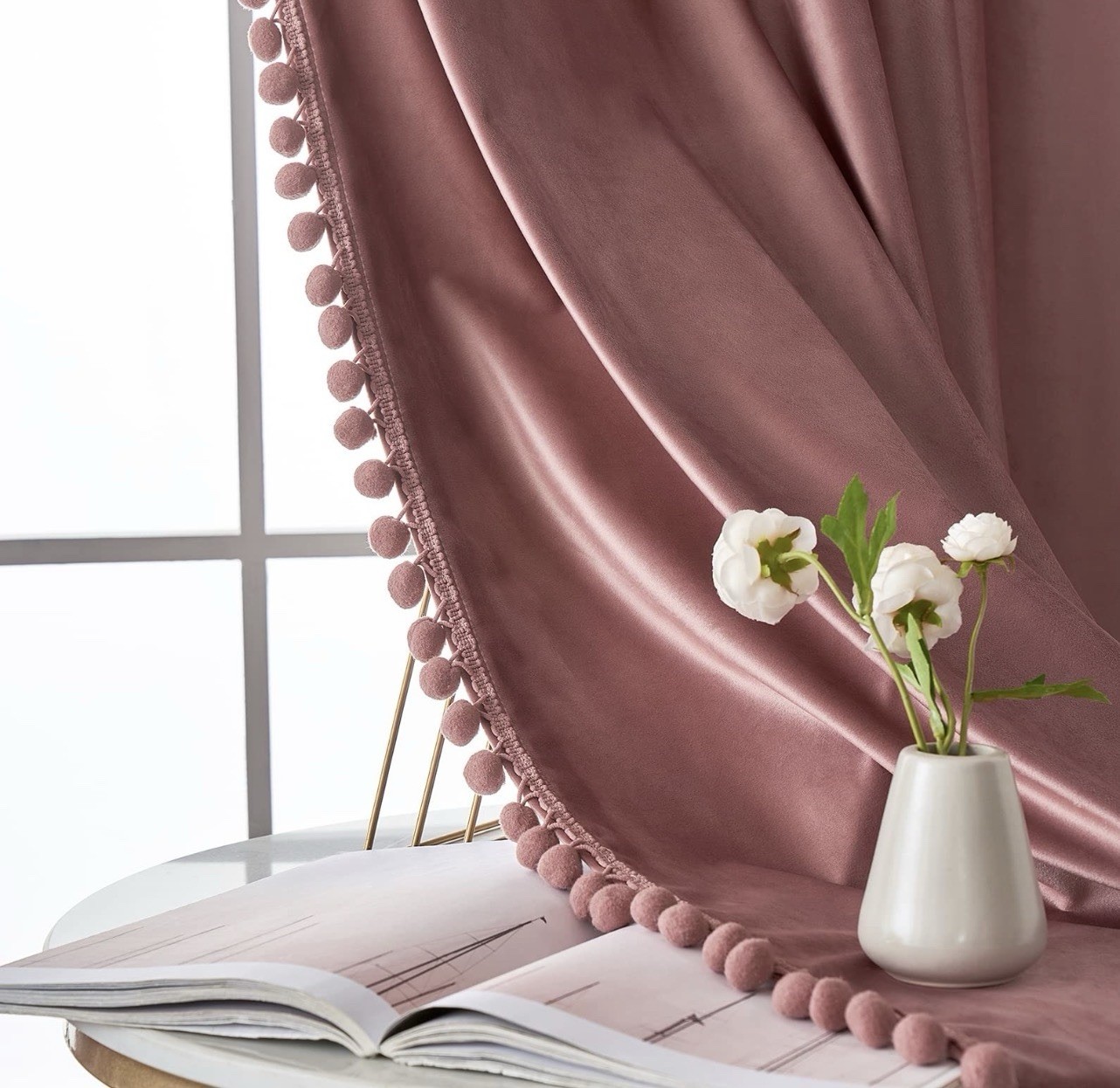 MIULEE Blush Dusty Rose Pom Pom Velvet Curtains Room Darkening Window Panels