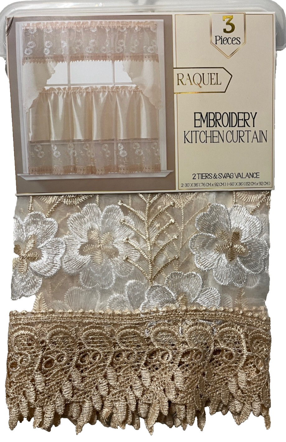 RAQUEL BEIGE EMBELLISHED LACE KITCHEN 36 INCH TIER CURTAINS AND SWAG SET