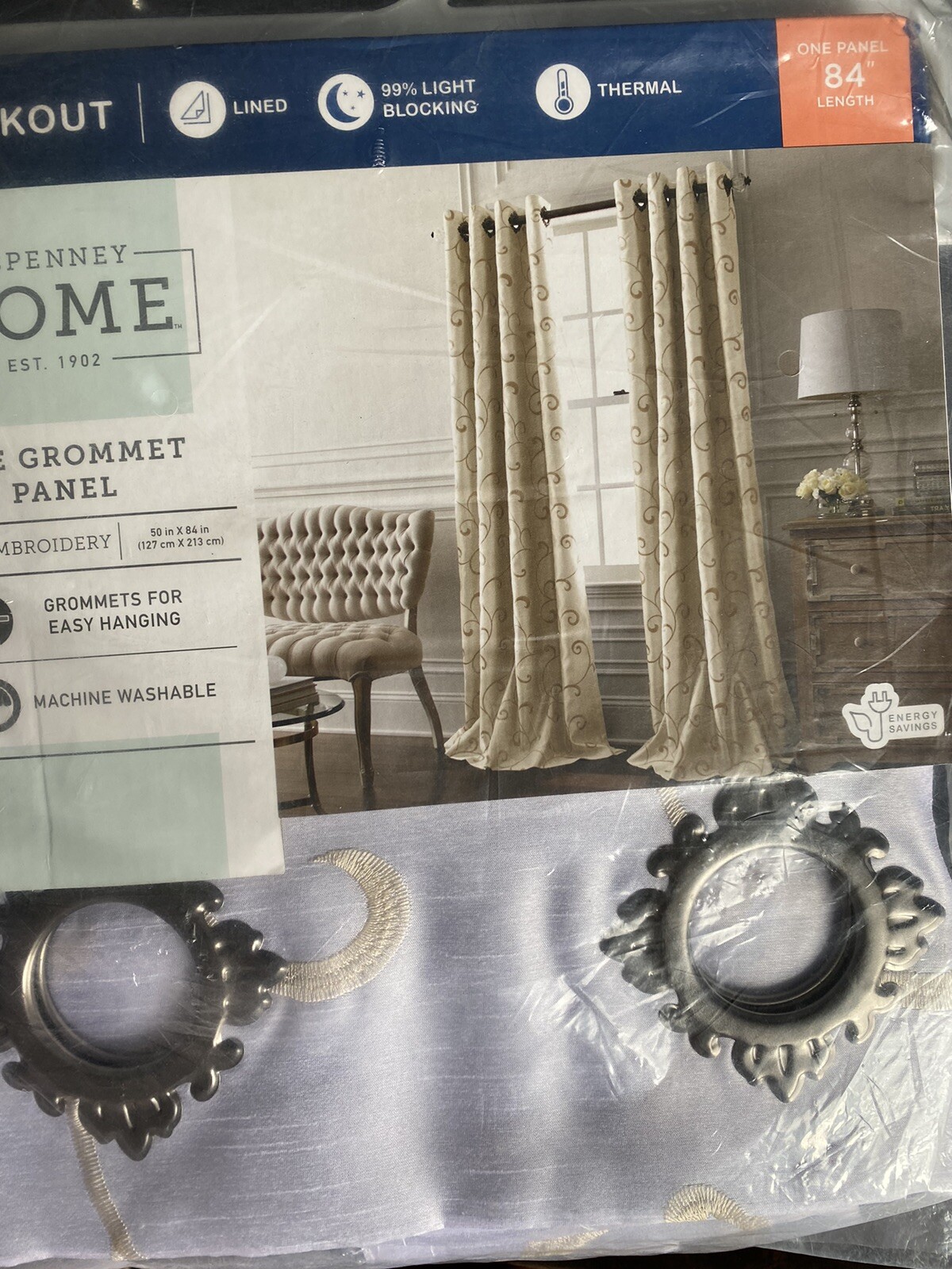 JCP HOME 50″ X 84″ PLAZA EMBROIDERY DRAPES GROMET BLACKOUT PANEL COOL WHITE NEW
