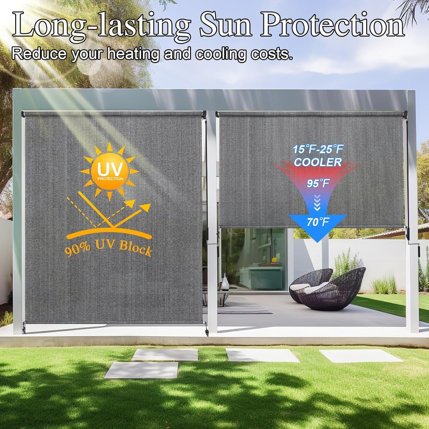Outdoor Roller Shade 8×8 UV Blocking Cordless Patio Blinds Sun Screen