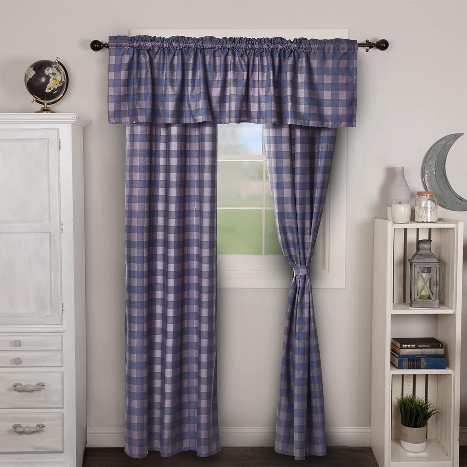 VIRAH BELLA Mountain Check Blue/Grey Blackout Curtains Set 84×40, Rustic