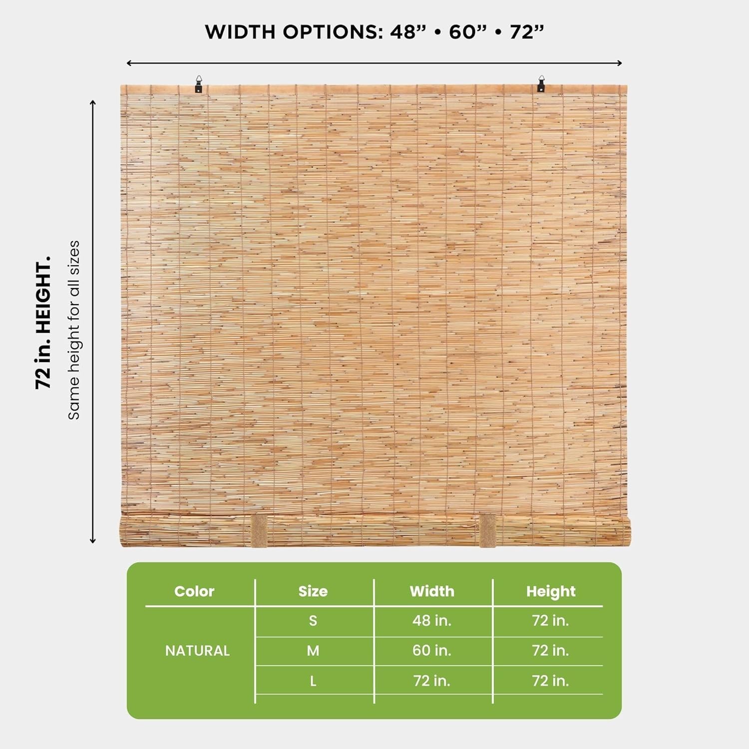 Natural Light-Filtering Bamboo Roller Shades for Windows – 48 in W x 72 in H