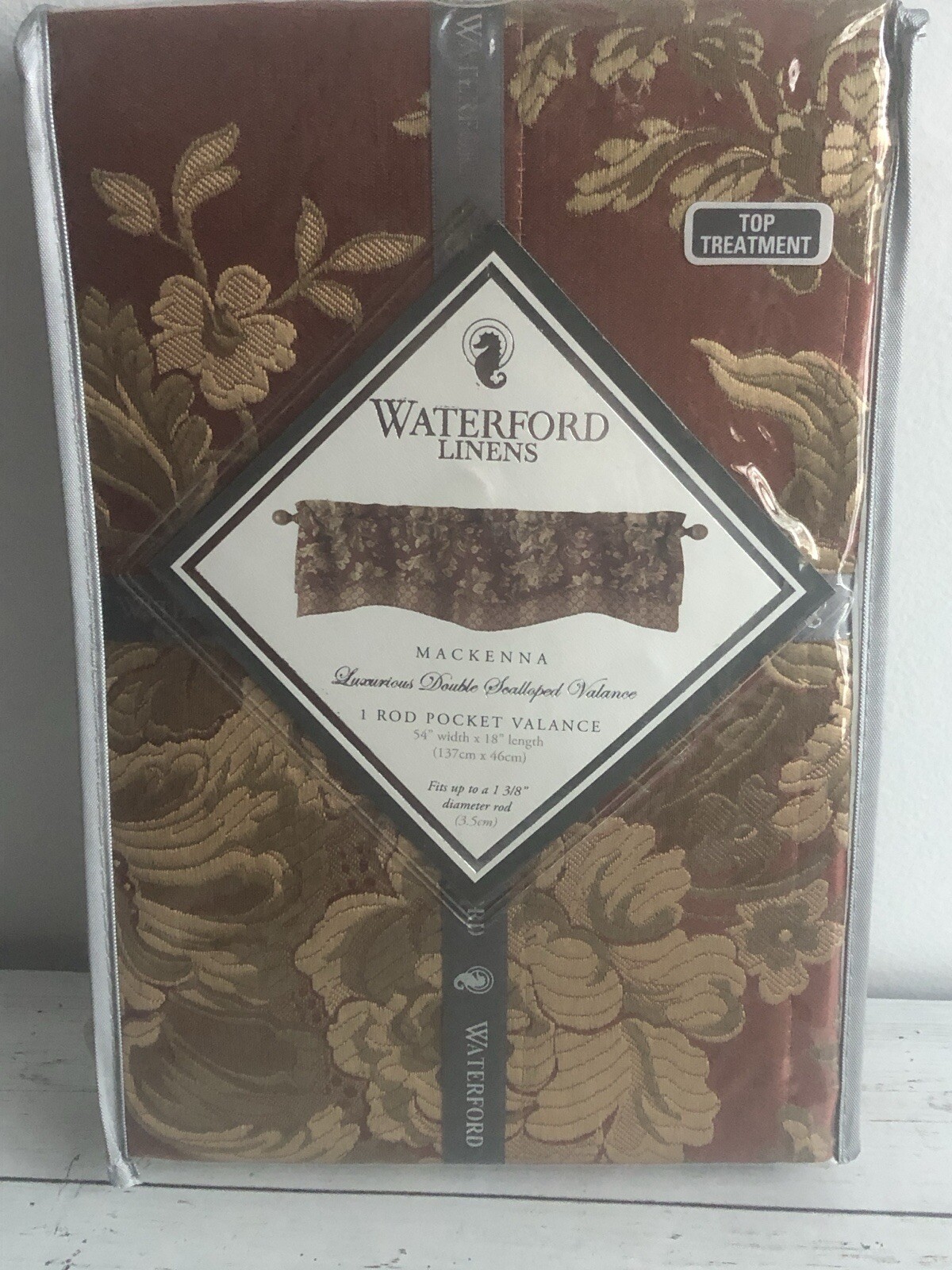 NEW Waterford Mackenna Red Tapestry Scalloped Valance – 54 x 18in Rod Pocket