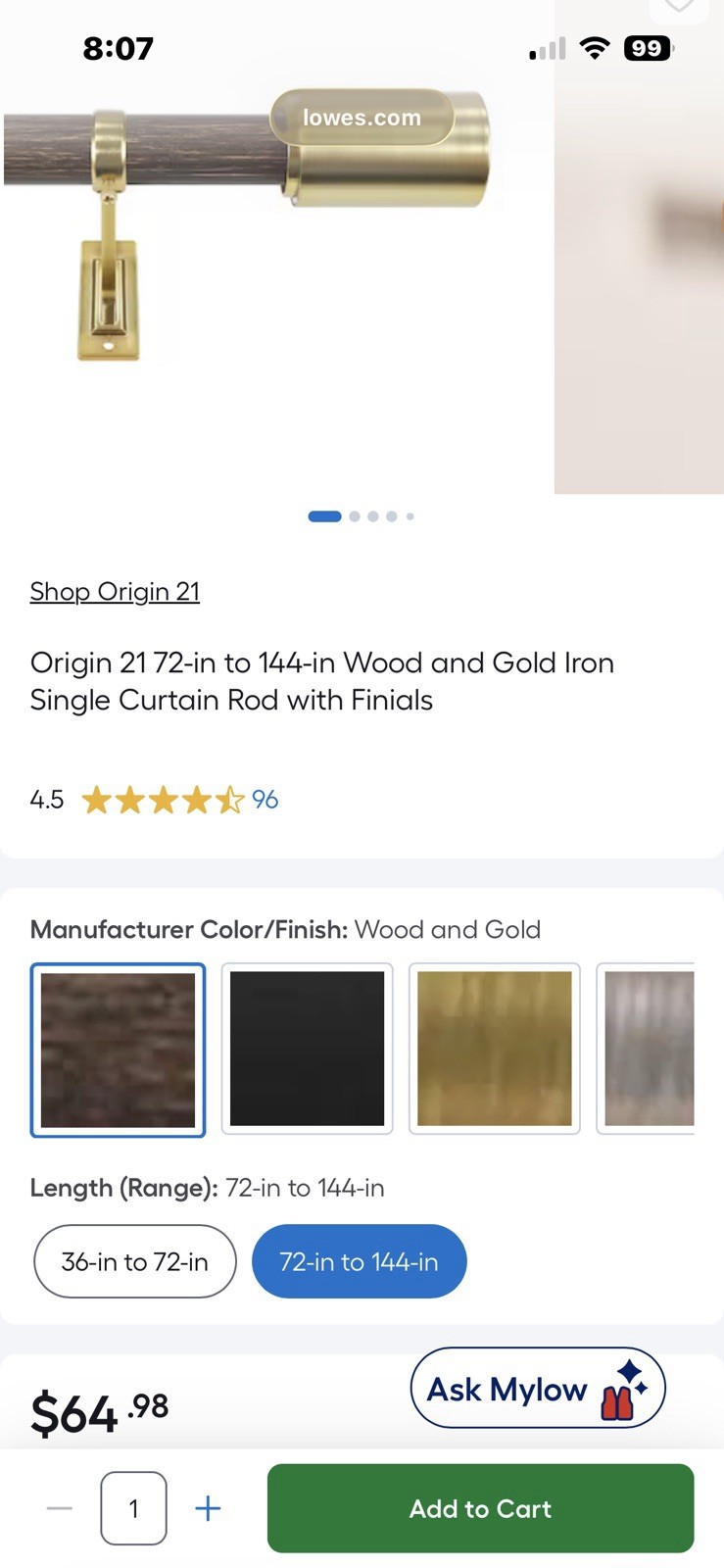Origin 21 Adjustable Drapery Rod Set 36in-72in Gold And Wood grain Curtain Rod.