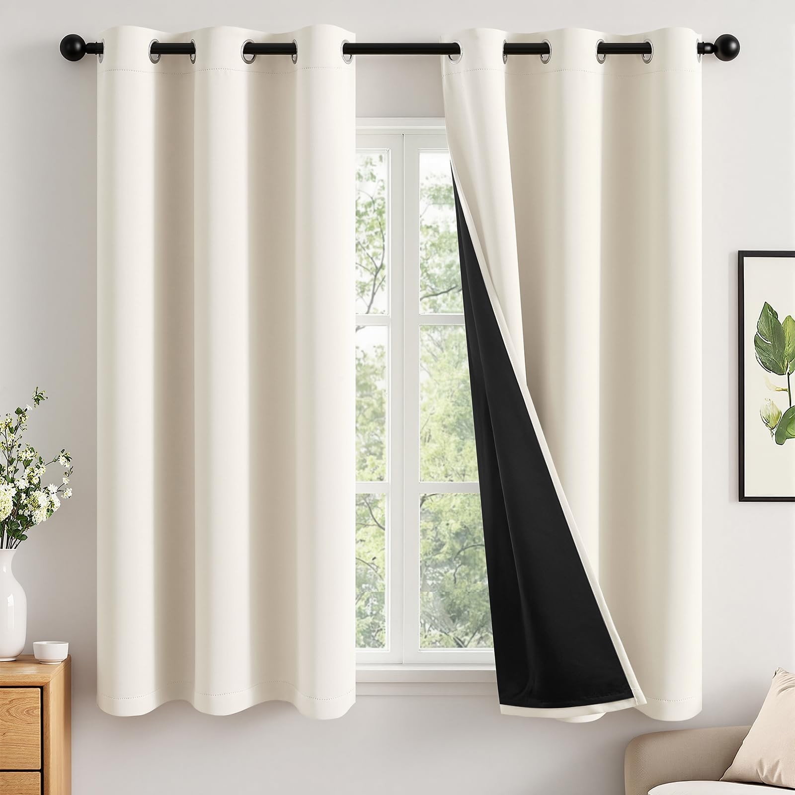 MIULEE Cream 100% Blackout Curtains for Bedroom 63 Inch Long 2 Thick Layers