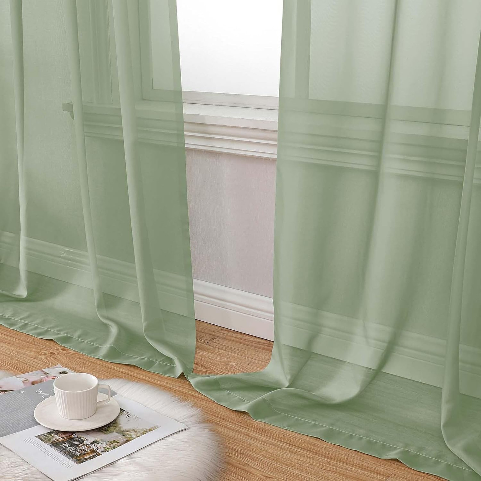 Sage Green Sheer Curtains 84 Inches Long 2 Panels Light Filtering Bedroom Living