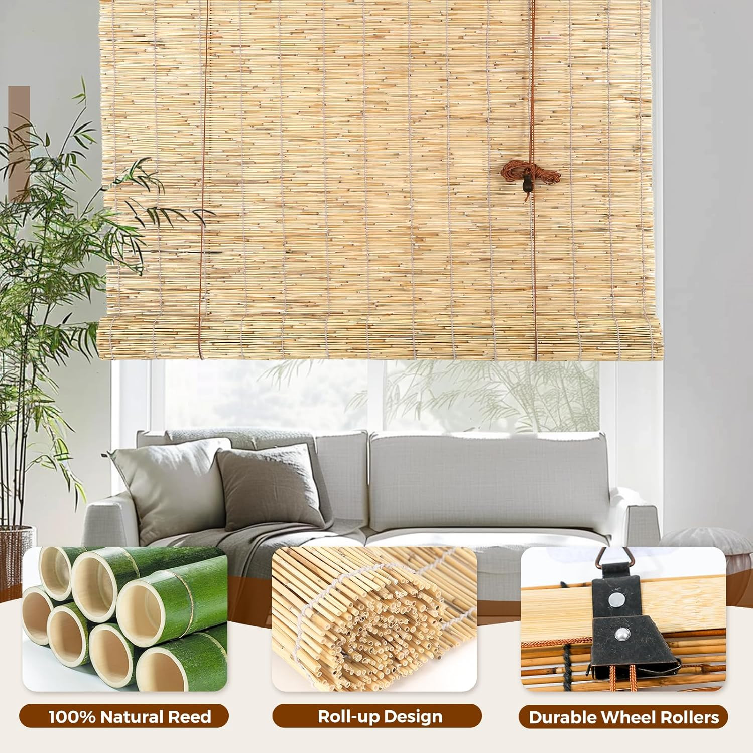 Reed Roller Blinds – Waterproof, Breathable, Easy Install, 72″x72″ Sun Shade
