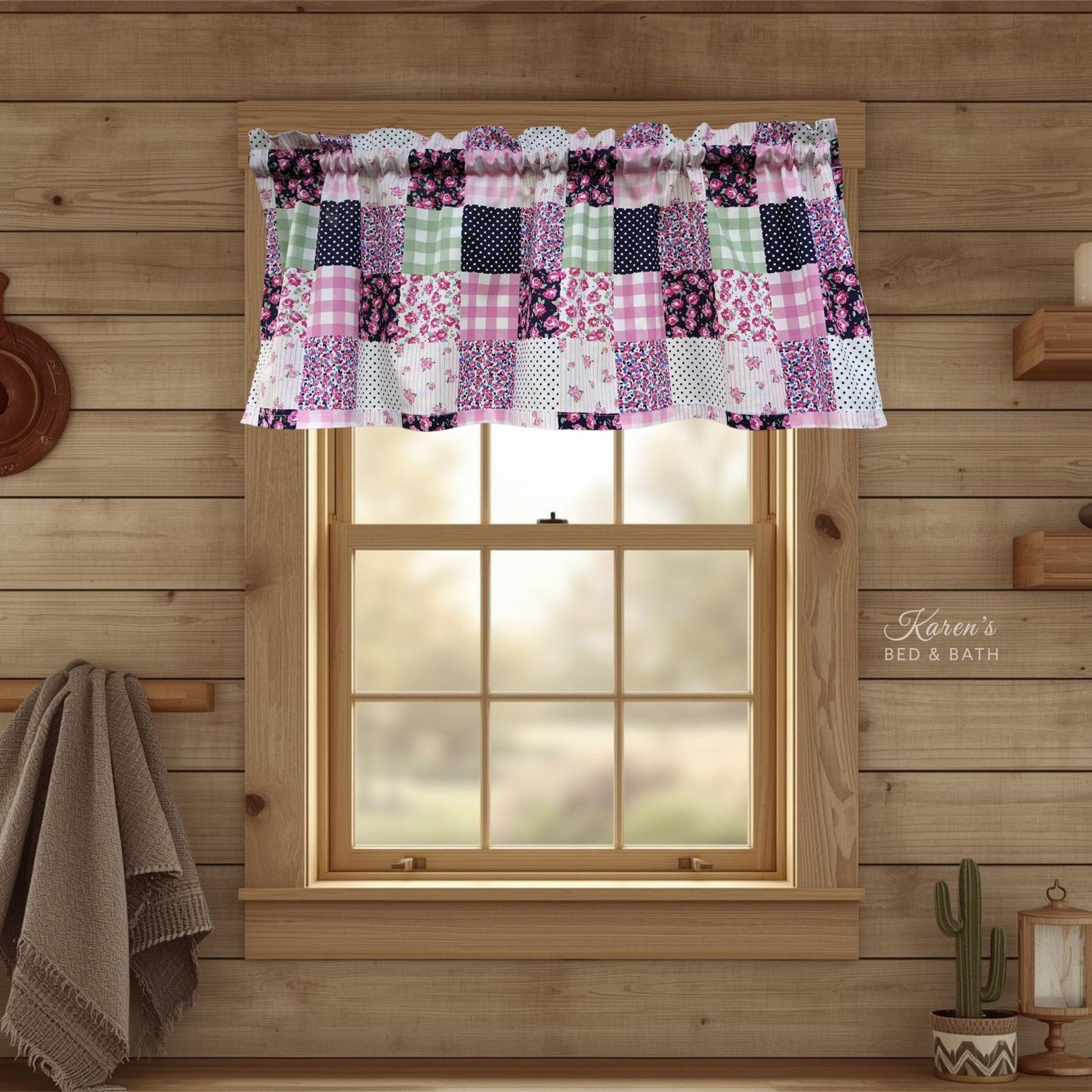 Patchwork Rose Valance – Pink Navy Gingham Floral Print – Shabby Chic Cottage