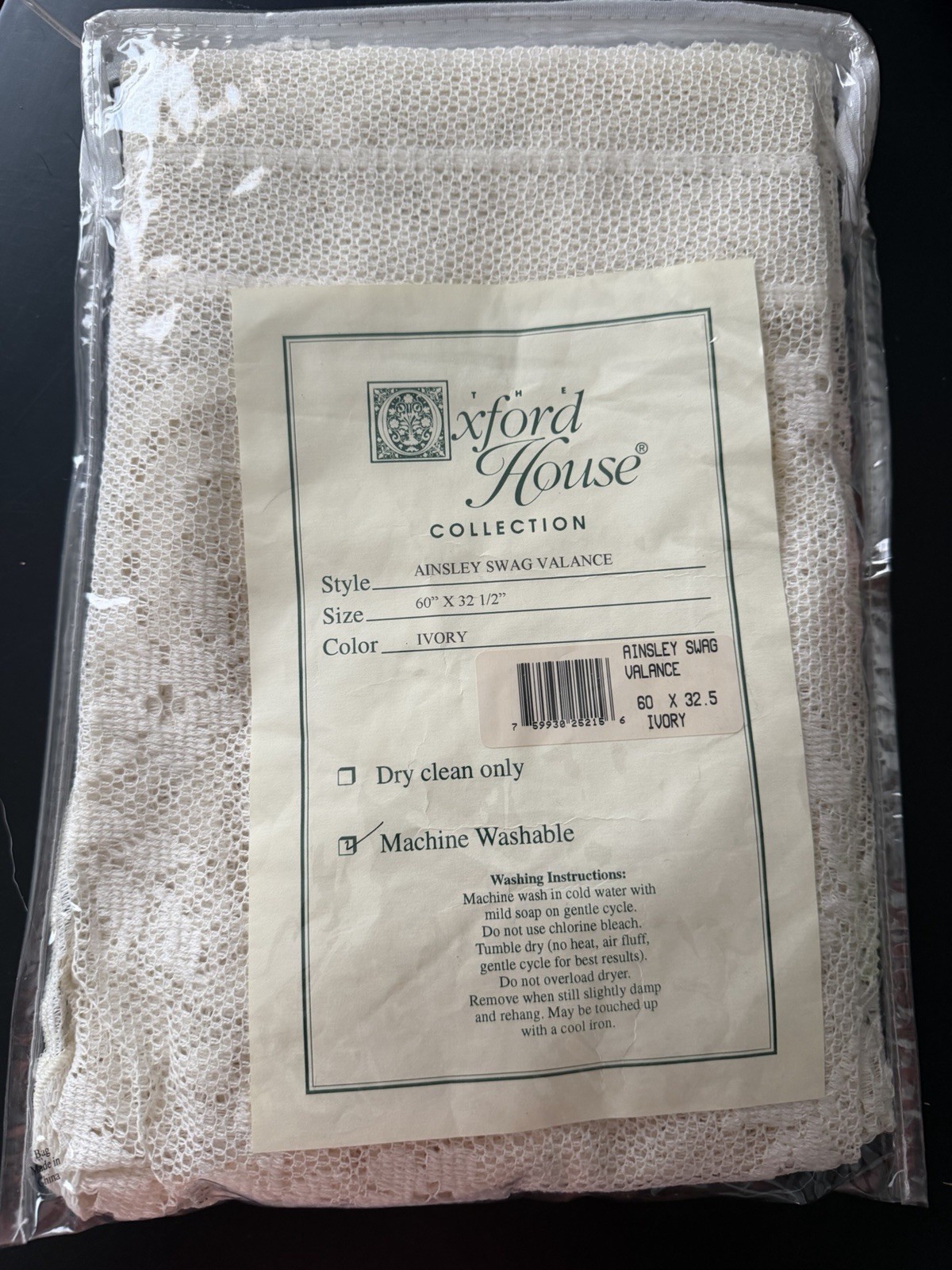 Oxford House Ainsley Swag Valance 60” W X 32.5” L Lace Ivory New In Package