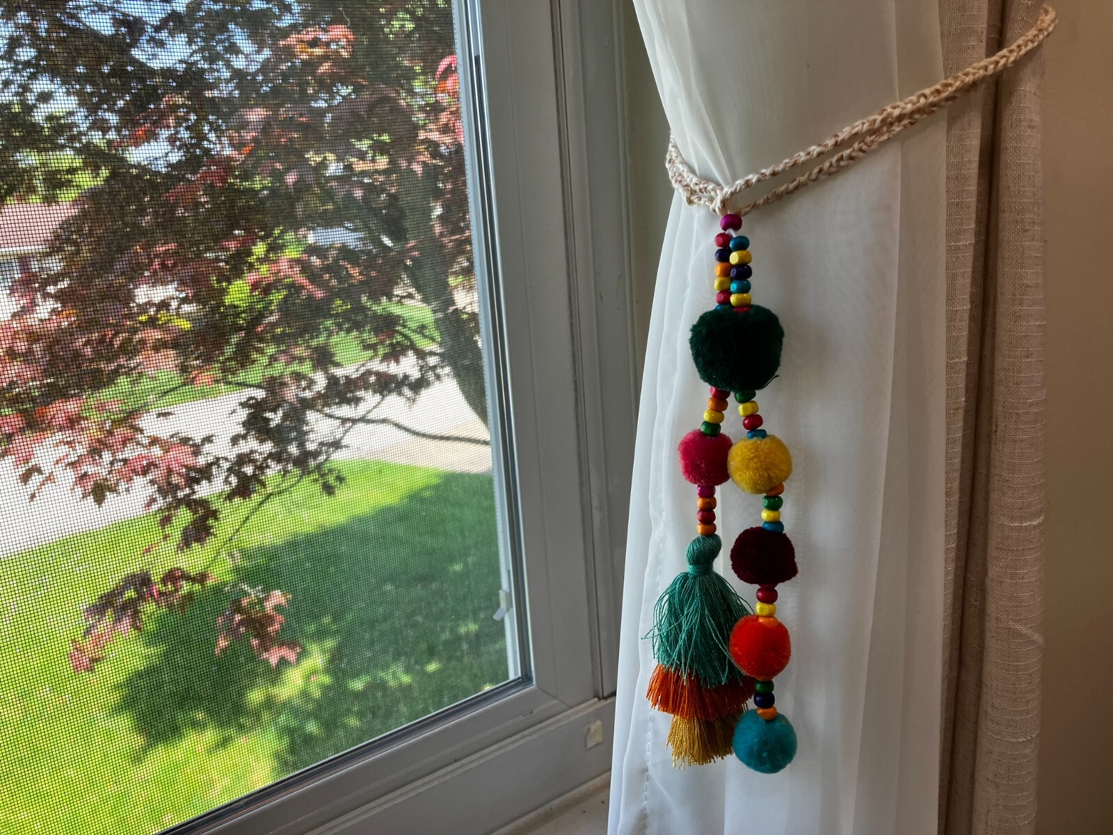1 Pair of Boho Decor Colorful Beaded Curtain Pompom Tiebacks, Bohemian Living Ro