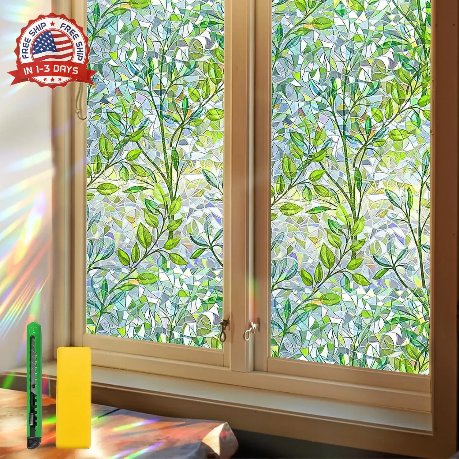 Niviy Window Privacy Film Stained Glass Window Film with Installation Tools, Rai