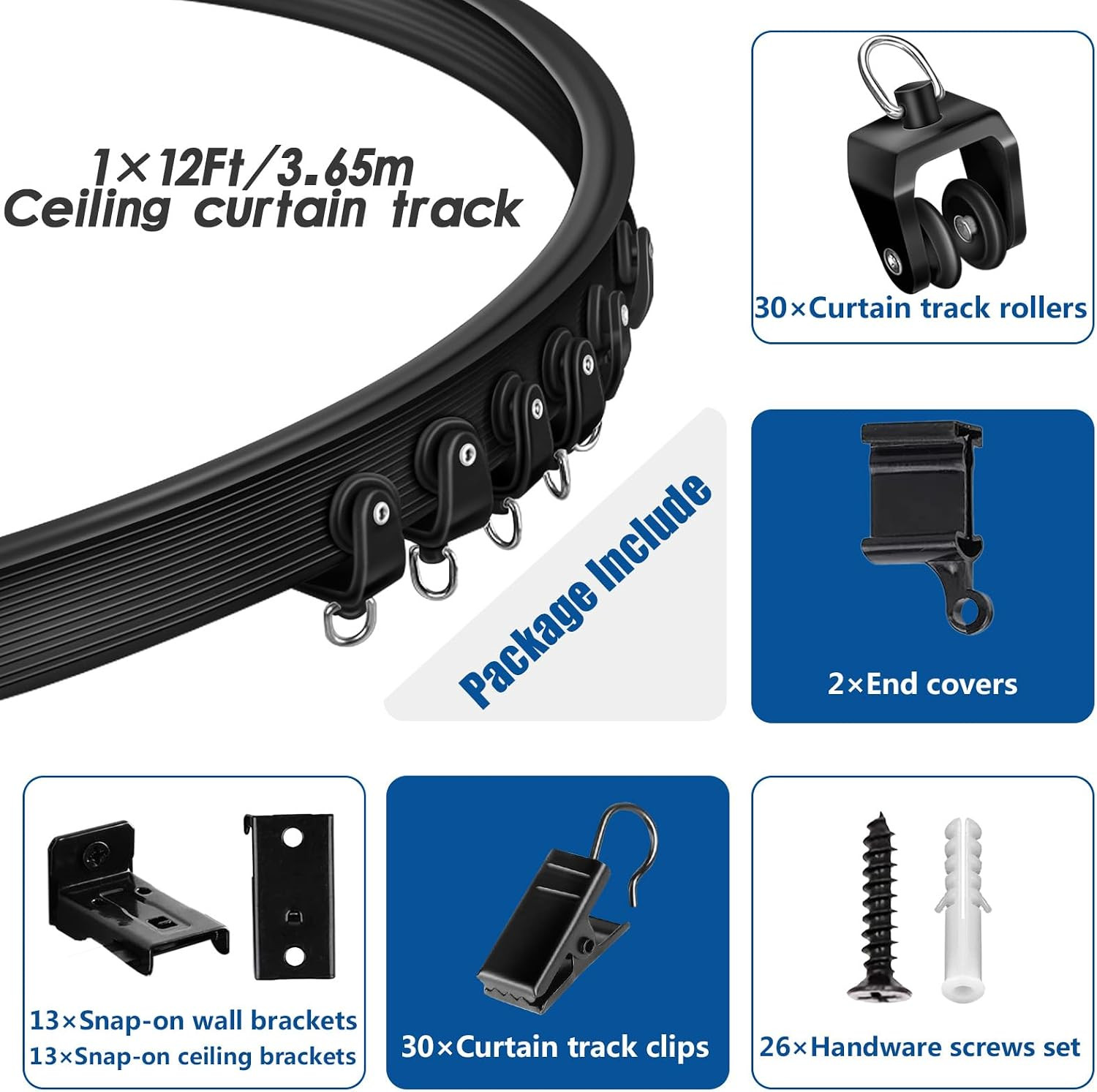 Ceiling Curtain Track, 12 Ft Black Flexible Bendable Curved Curtain Rail Wall Mo