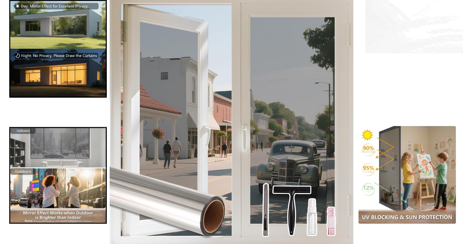 UV Blocking One Way Window Film with Tools – 17.5×78.7 Inch Installation Kit