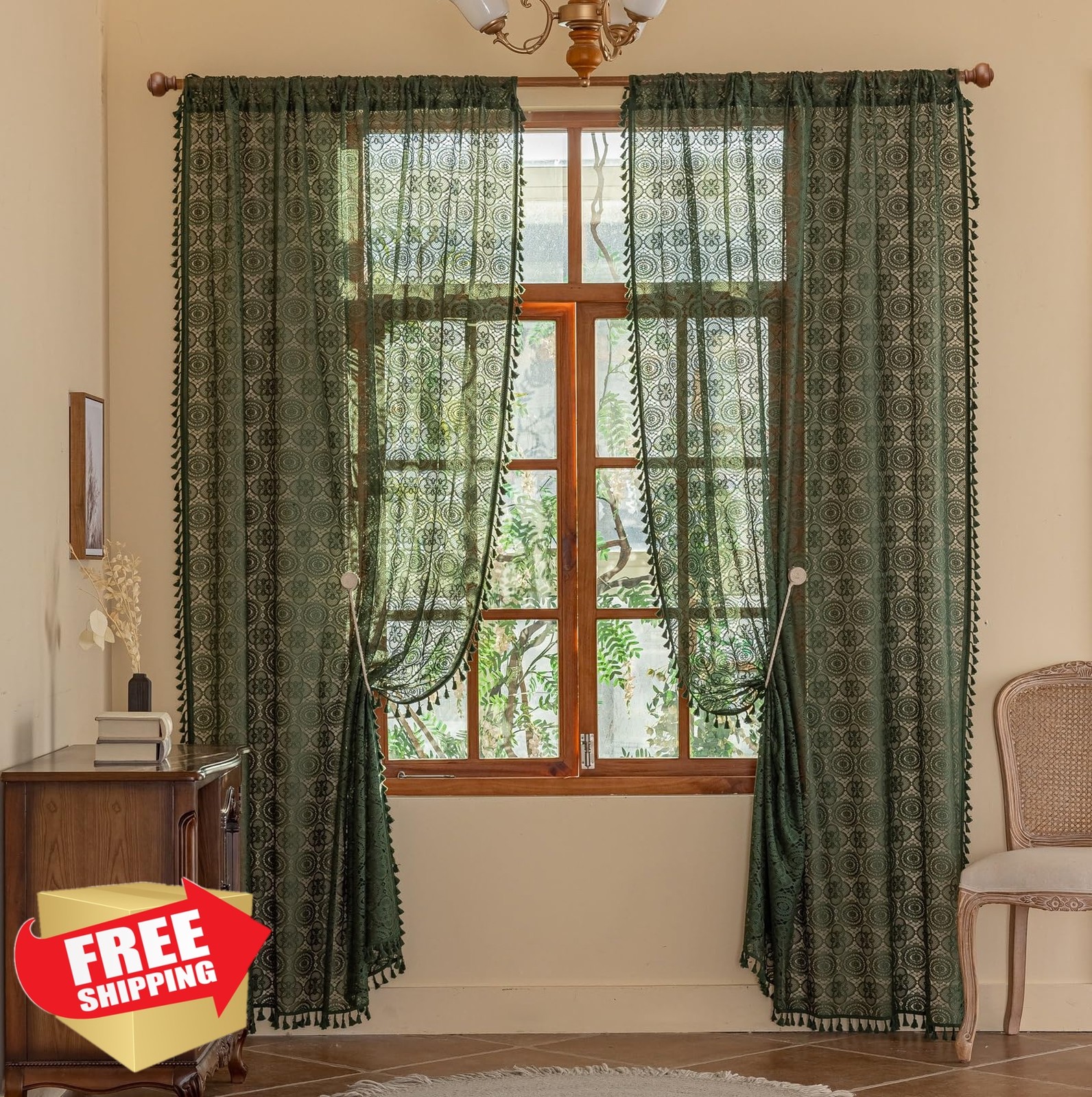 YJ YANJUN Boho Lace Curtains 72 inches Long 2 Panels -Vintage Floral Crochet …