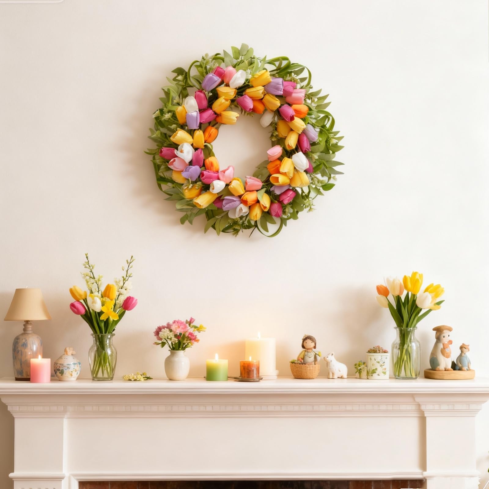 20 Inch Spring Tulip Wreath Artificial Colorful Flower Leaves Front Door