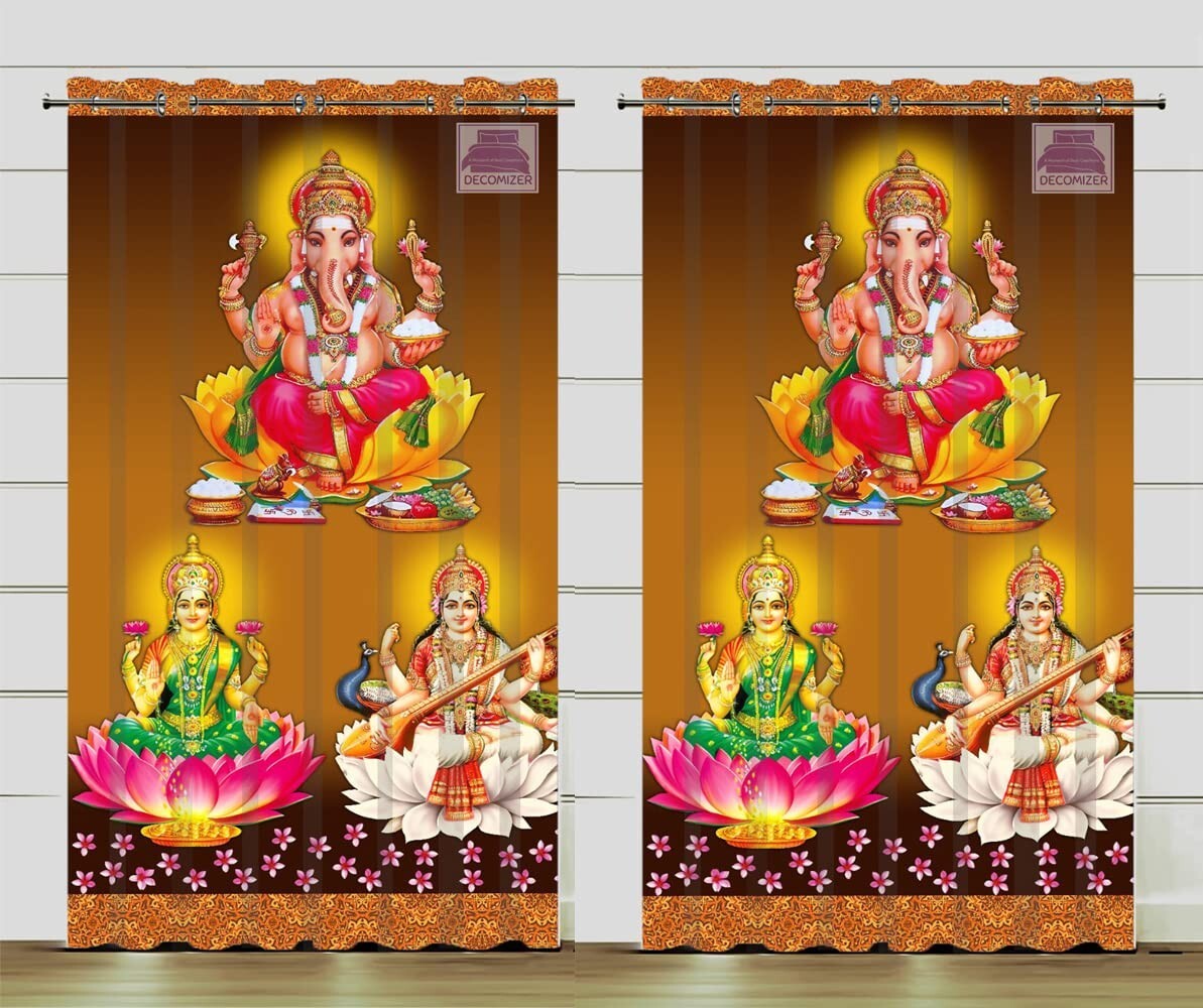 New 2 Pieces Ganesha Laxmi Saraswati Digital Print Door Curtains Set – 7 ft