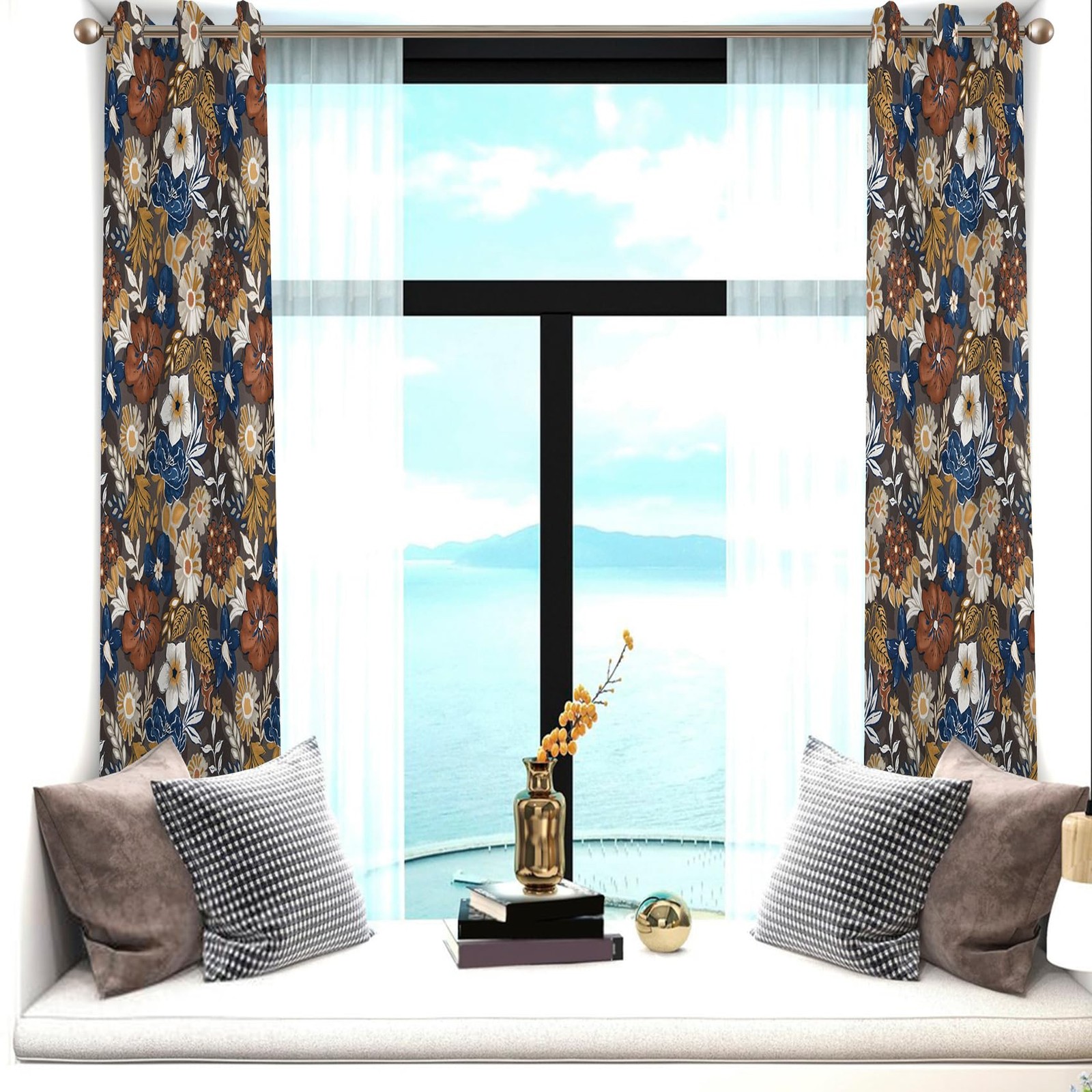 Renaiss Bohemian Floral Blackout Curtains Blue Brown White Flower Thermal