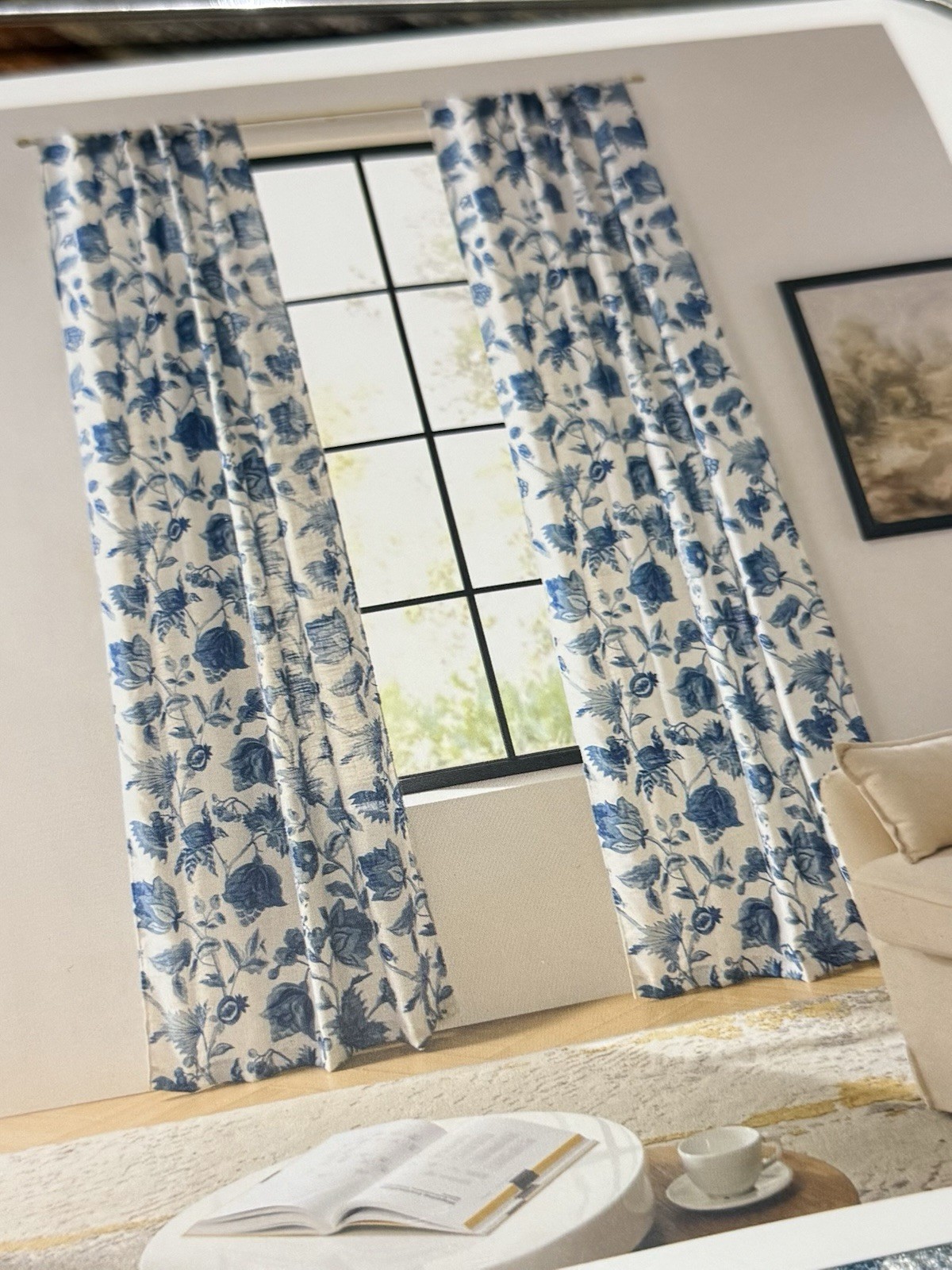 Callisto Home Linen Blue Floral Window Curtains Panels 38 X 96” Set Pair Drapes