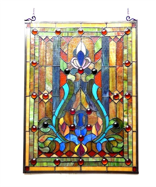 Stained Glass Window Panel Tiffany Style Victorian Design 18″ Wide x 24″ High