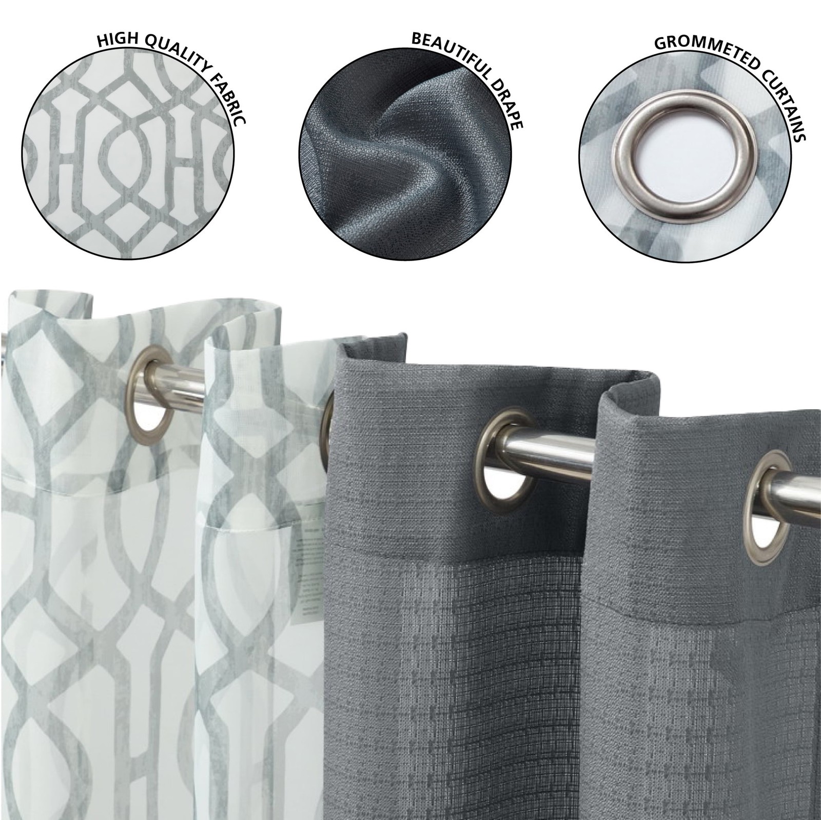 Kingswood Solid and Printed Sheer Grommet Curtain Panel Set, 4 Piece, Gray