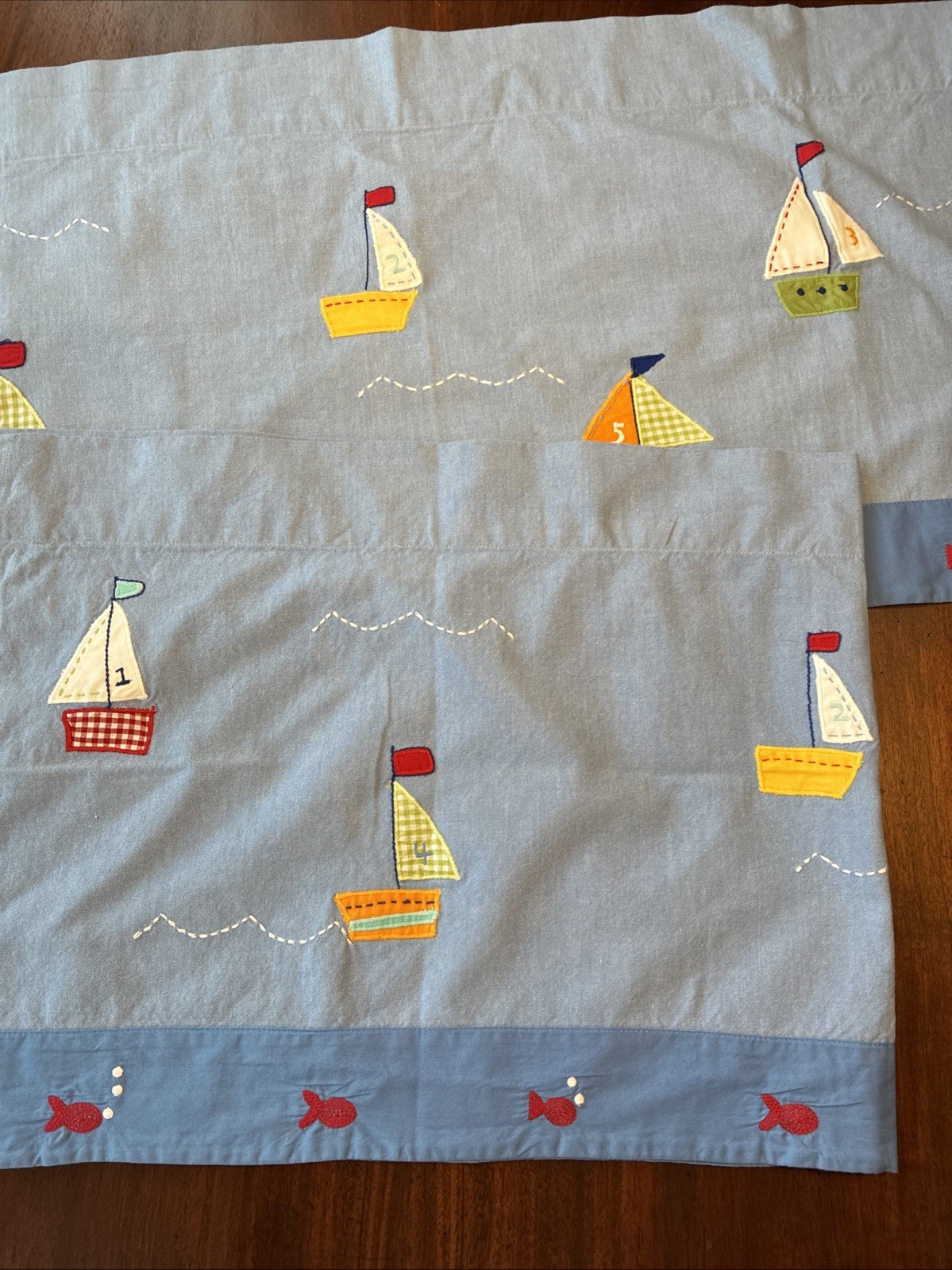 2 Pottery Barn Kids Blue Sailboat Fish Blue Valances Lined Curtains 17″x43″